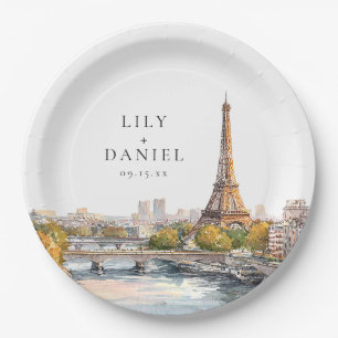 Watercolor Paris France Destination Wedding Paper Plate