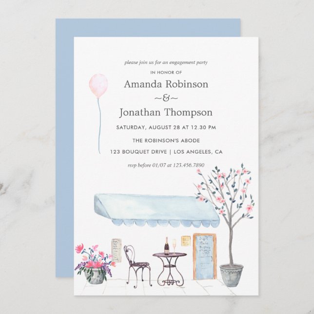 Watercolor Paris themed Engagement Party invite (Front/Back)