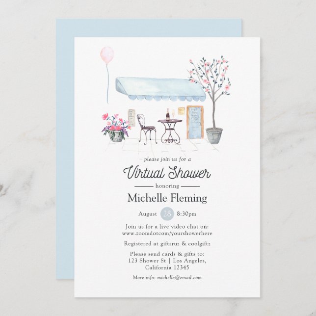 Watercolor Paris Virtual Baby or Bridal Shower Invitation (Front/Back)