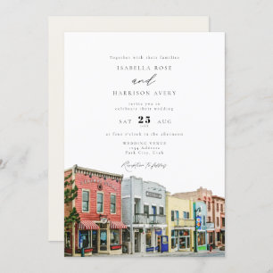 Watercolor Park City Utah Buildings Wedding Invitation