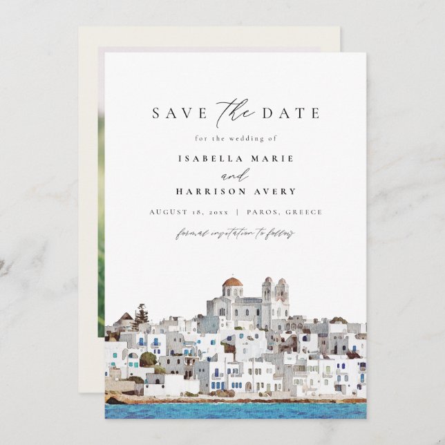 Watercolor Paros Greece Skyline Save the Date Invitation (Front/Back)