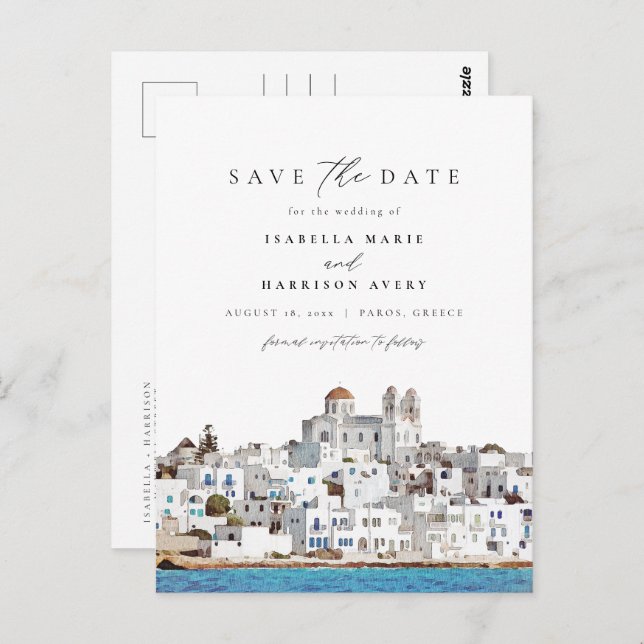 Watercolor Paros Greece Skyline Save the Date Postcard (Front/Back)