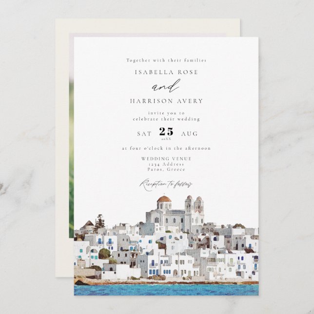 Watercolor Paros Greece Skyline Travel Wedding Invitation (Front/Back)
