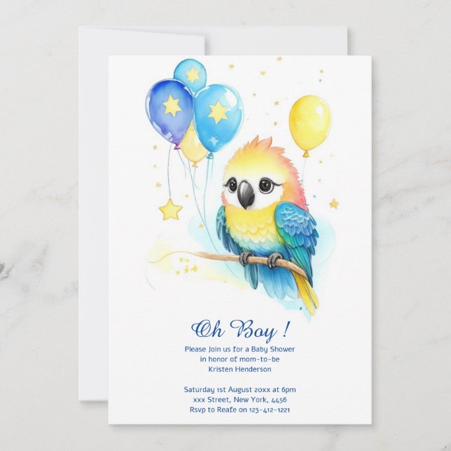 Watercolor Parrot Boy Baby Shower Invitation (Front)