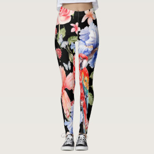 Watercolor Parrot: Floral Pattern Romance. Leggings
