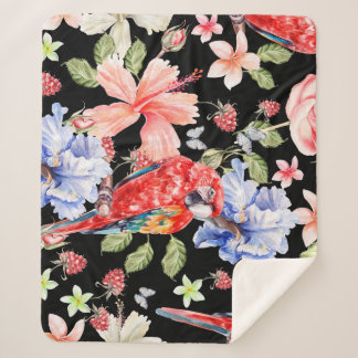 Watercolor Parrot: Floral Pattern Romance. Sherpa Blanket