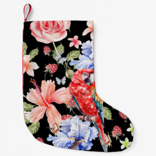 Watercolor Parrot: Floral Pattern Romance. Small Christmas Stocking