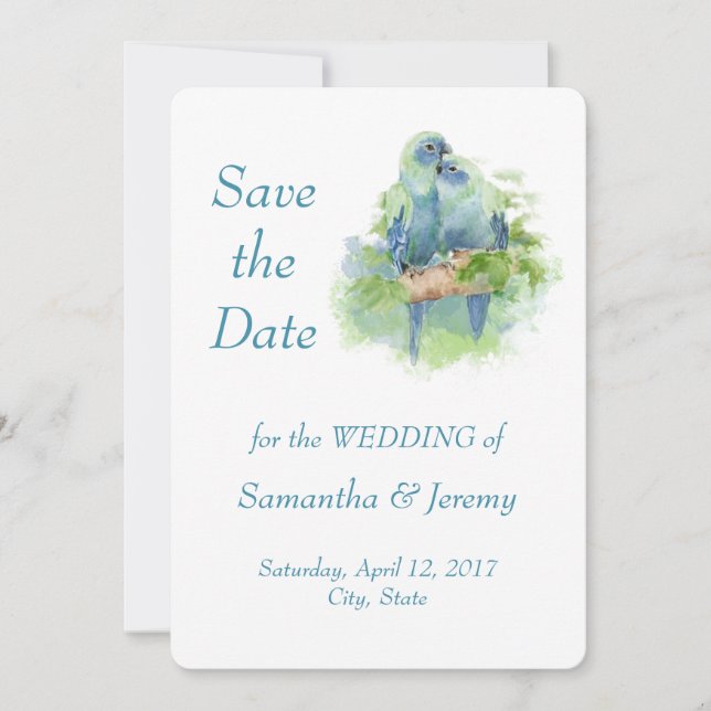 Watercolor Parrots  Blue Green Save the Date (Front)