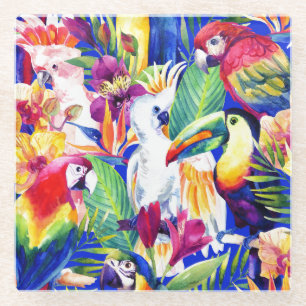 Watercolor Parrots Glass Coaster