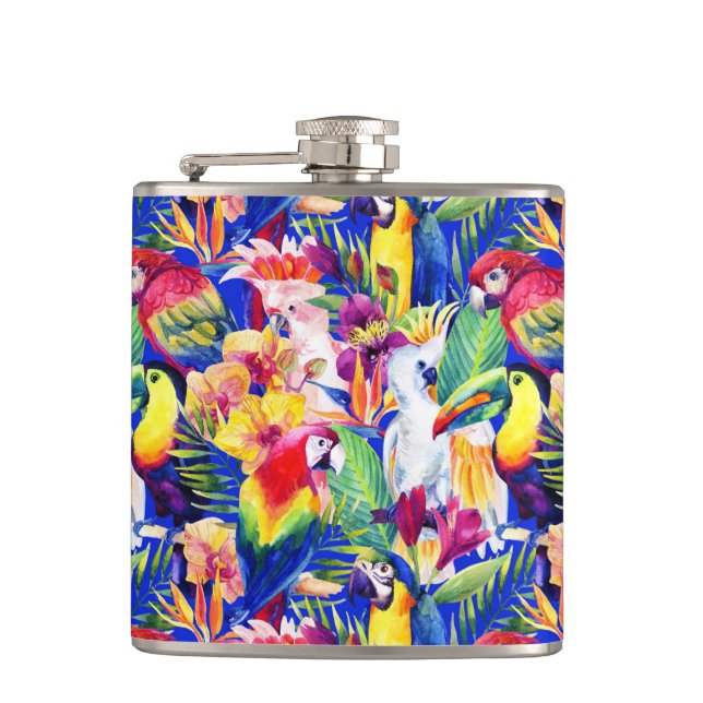 Watercolor Parrots Hip Flask (Front)