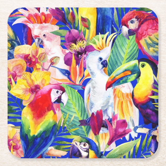 Watercolor Parrots Square Paper Coaster (Front)
