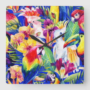 Watercolor Parrots Square Wall Clock