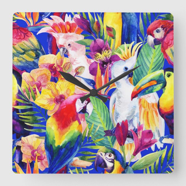 Watercolor Parrots Square Wall Clock (Front)