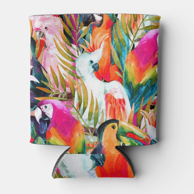 Watercolor Parrots: Tropical Seamless Pattern Can Cooler (Front)