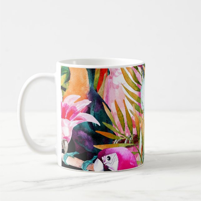 Watercolor Parrots: Tropical Seamless Pattern Coffee Mug (Left)