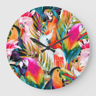 Watercolor Parrots: Tropical Seamless Pattern Large Clock