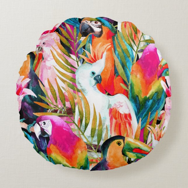 Watercolor Parrots: Tropical Seamless Pattern Round Cushion (Front)