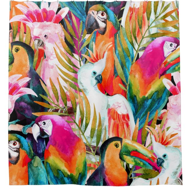 Watercolor Parrots: Tropical Seamless Pattern Shower Curtain (Front)