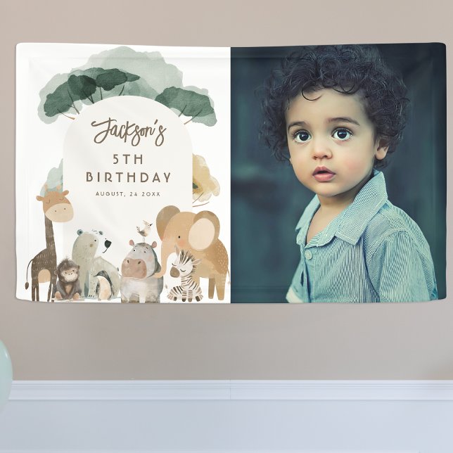 Watercolor Party Animals Photo Birthday Party Banner (Creator Uploaded)