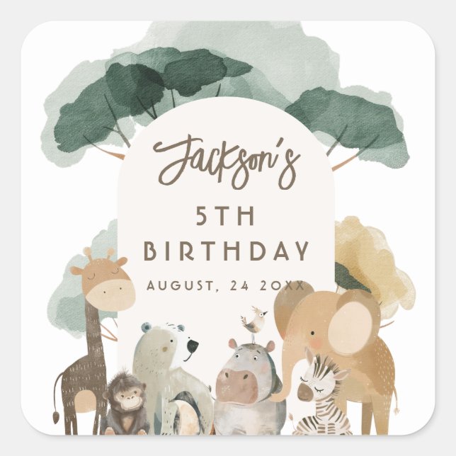 Watercolor Party Animals Photo Birthday Party Square Sticker (Front)