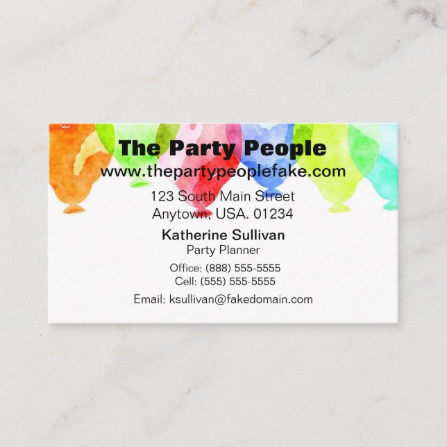 Watercolor Party Balloons Party Planner Business Card (Front)
