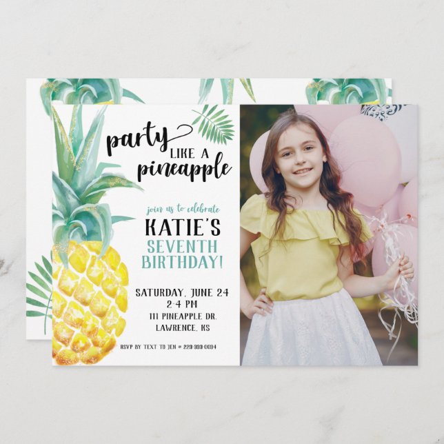 Watercolor Party Like A Pineapple Birthday Invitation (Front/Back)