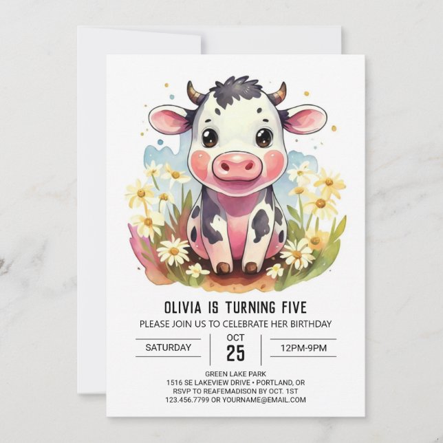 Watercolor Pastel Barnyard Cow Birthday Invitation (Front)
