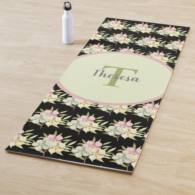 Watercolor Pastel Black Floral Monogram Name Yoga Mat (In Situ)