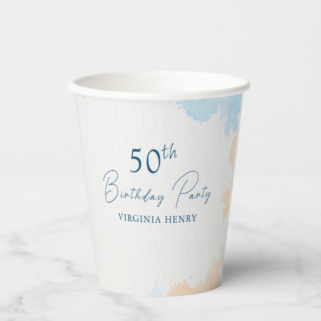 Watercolor Pastel Blue Any Age Birthday Paper Cups (Front)