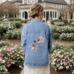 Watercolor Pastel Blue Beige Flowers Beautiful Denim Jacket