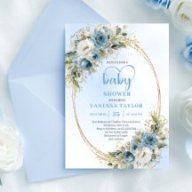 Watercolor Pastel Blue Floral Gold Baby Shower 