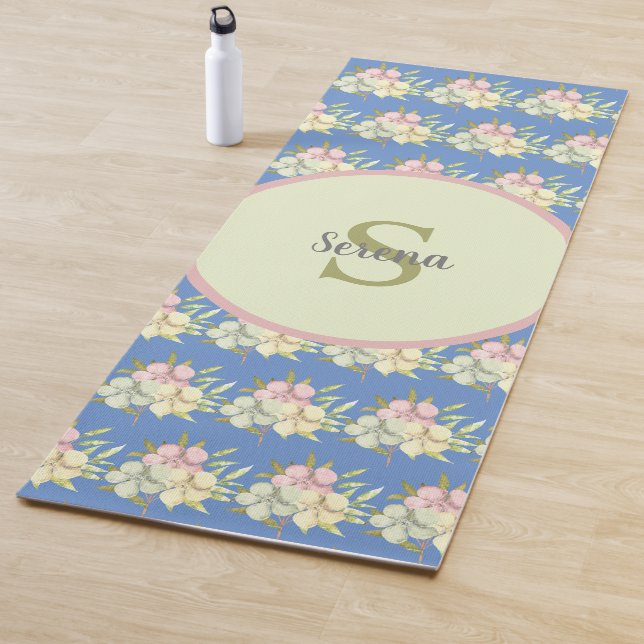 Watercolor Pastel Blue Floral Monogram Name Yoga Mat (In Situ)