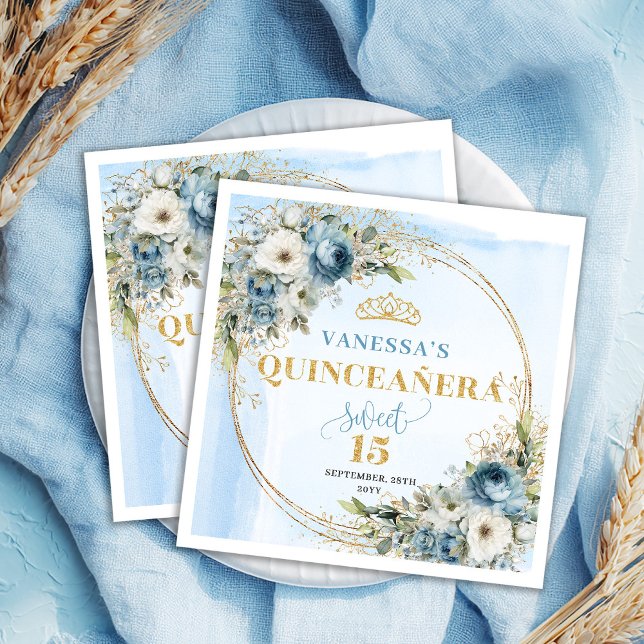 Watercolor Pastel Blue Flowers Greenery Gold 15th  Napkin (Watercolor Pastel Blue Flowers Greenery Gold 15th Birthday)