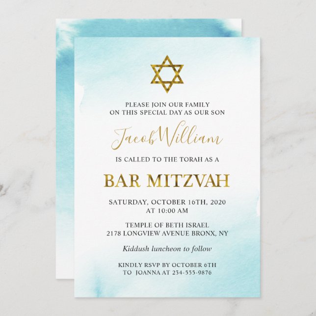 Watercolor Pastel Blue Gold Bar Mitzvah Invitation (Front/Back)