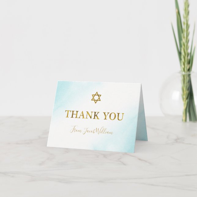 Watercolor Pastel Blue Gold Bar Mitzvah Thank You Card (Front)