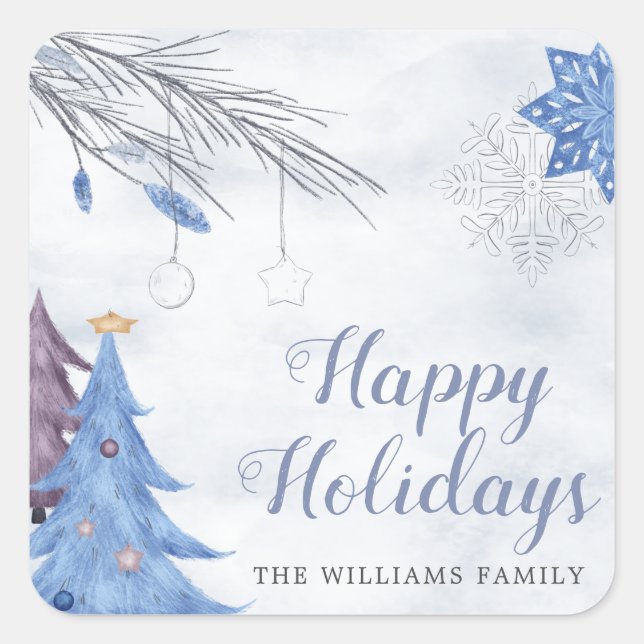 Watercolor pastel blue happy holiday Monogram Square Sticker (Front)