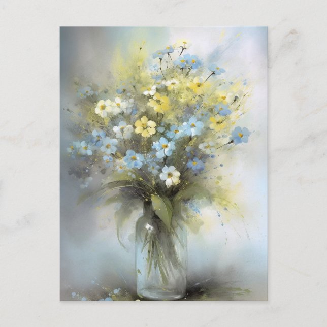 Watercolor Pastel Blue, White, Yellow Daisy Flower Postcard (Front)