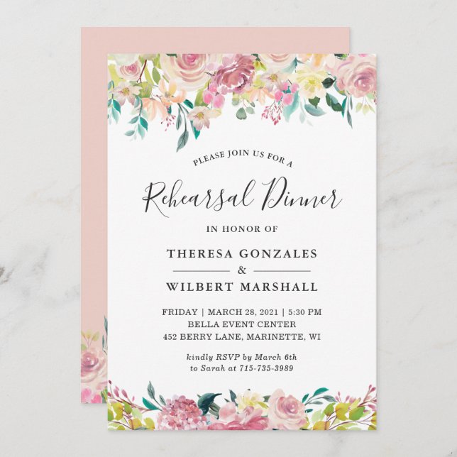 Watercolor Pastel Blush Floral Rehearsal Dinner Invitation (Front/Back)