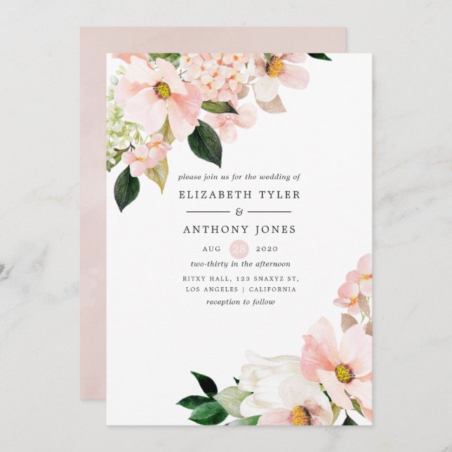Watercolor Pastel Blush Pink Floral Spring Wedding Invitation (Front/Back)