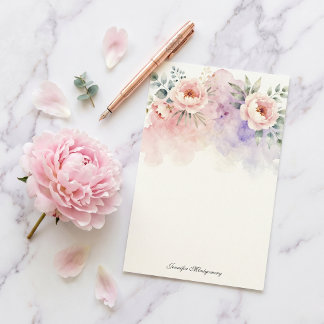 Watercolor Pastel Blush Pink Lavender Peony Flower Stationery