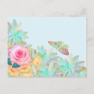 Watercolor Pastel Butterfly, Succulents and Roses Postcard