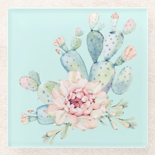 Watercolor Pastel Cactus and Pink Flower Glass Coaster (Front)