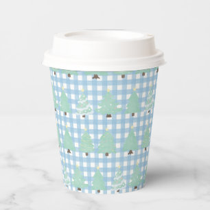 Watercolor Pastel Christmas Trees with Blue Plaid Paper Cups