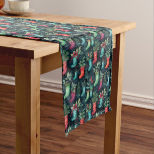 Watercolor pastel colours Christmas stocking Short Table Runner