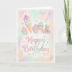 Watercolor Pastel Cupcake Birthday  Card