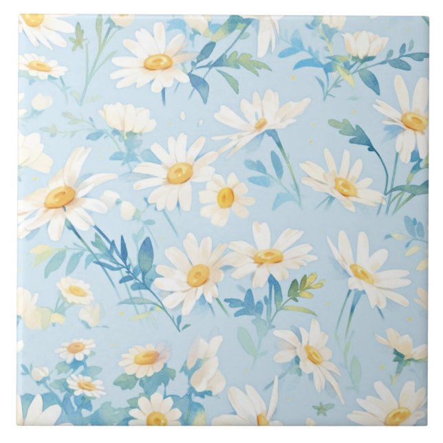 Watercolor Pastel Daisies Ceramic Tile (Front)