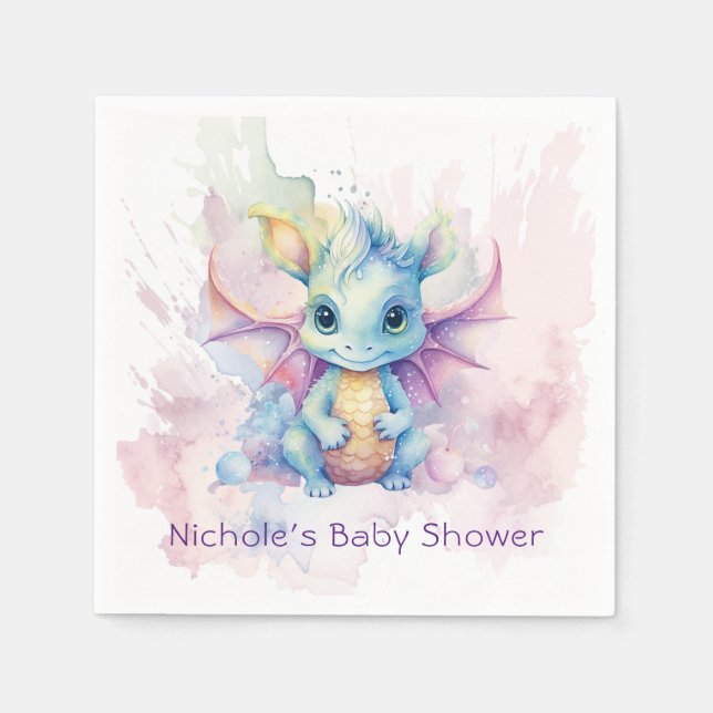 Watercolor Pastel Dragon Girl Baby Shower Napkin (Front)