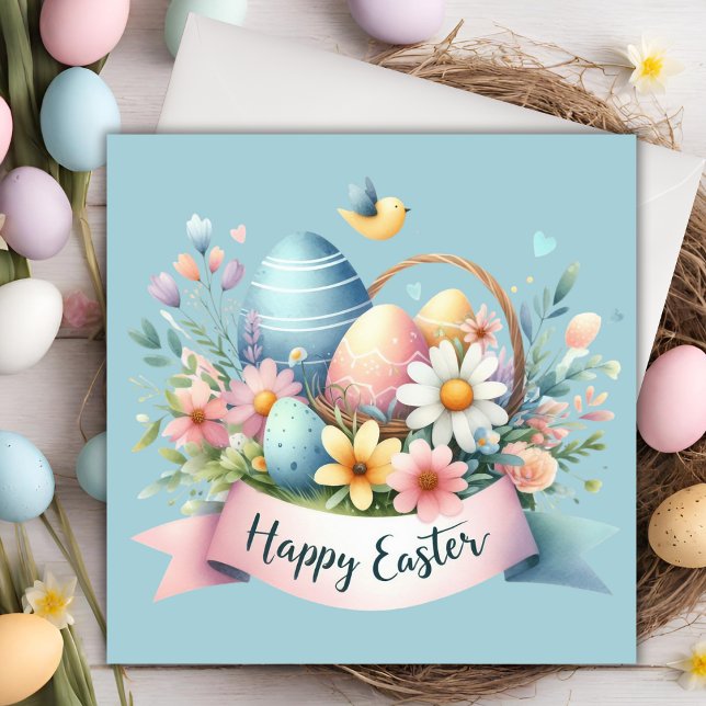 Watercolor Pastel Easter Basket Custom Easter Holiday Card (Watercolor Pastel Easter Basket Custom Easter Holiday Card with customizable text.)