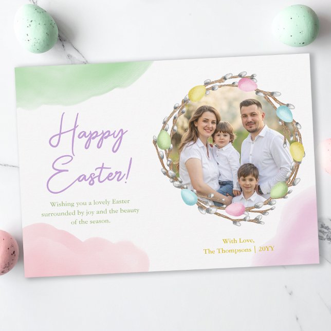 Watercolor Pastel Easter Wreath With Family Photo Card (Creator Uploaded)