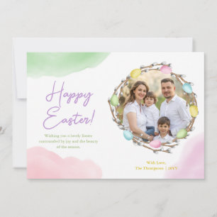 Watercolor Pastel Easter Wreath With Family Photo Card